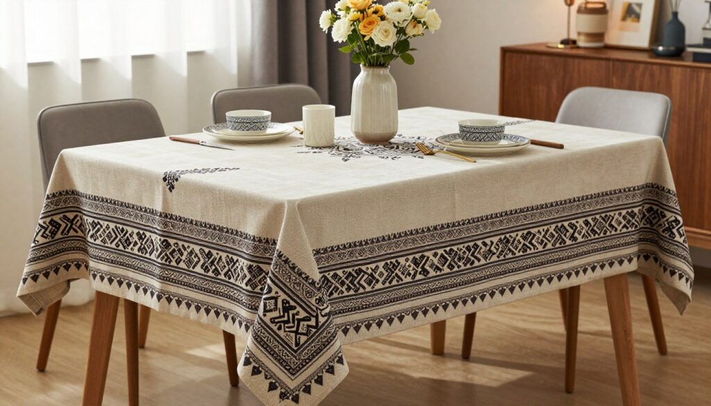 A modern dining table dressed with a stylish 220x160 cm Selendi tablecloth, showcasing intricate patterns that blend traditional craftsmanship with contemporary design. The foreground features the tablecloth beautifully draped over a sleek, minimalist wooden table. In the middle ground, elegant dinnerware with geometric designs complements the tablecloth, along with tasteful centerpieces like a chic vase filled with fresh flowers. The background reveals a softly lit dining space, with ambient lighting enhancing the modern aesthetic. Use a warm color palette to create a welcoming atmosphere, captured from a slightly elevated angle to highlight the textures and patterns of the fabric. The overall mood should evoke sophistication and practicality for a contemporary dining experience. A modern dining table dressed with a stylish 220x160 cm Selendi tablecloth, showcasing intricate patterns that blend traditional craftsmanship with contemporary design. The foreground features the tablecloth beautifully draped over a sleek, minimalist wooden table. In the middle ground, elegant dinnerware with geometric designs complements the tablecloth, along with tasteful centerpieces like a chic vase filled with fresh flowers. The background reveals a softly lit dining space, with ambient lighting enhancing the modern aesthetic. Use a warm color palette to create a welcoming atmosphere, captured from a slightly elevated angle to highlight the textures and patterns of the fabric. The overall mood should evoke sophistication and practicality for a contemporary dining experience.