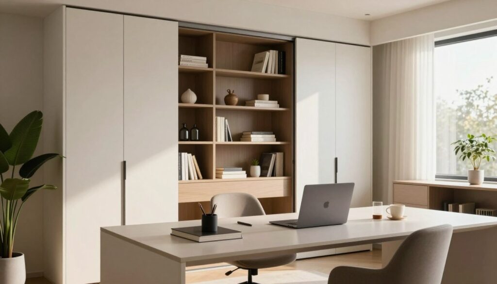 A modern home office featuring a desk seamlessly integrated into a sliding wardrobe. In the foreground, the sleek desk is adorned with minimalistic stationery and a stylish laptop, emphasizing an ergonomic setup. The middle ground showcases the sliding wardrobe doors, partially open to reveal organized shelves with books and decorative items, conveying a sense of order. In the background, soft natural light filters through a nearby window, illuminating the space and creating a warm, inviting atmosphere. A comfortable, ergonomically designed chair complements the desk, and a few indoor plants add a touch of greenery. The overall mood is productive and calm, presenting an ideal workspace for focus and creativity. A modern home office featuring a desk seamlessly integrated into a sliding wardrobe. In the foreground, the sleek desk is adorned with minimalistic stationery and a stylish laptop, emphasizing an ergonomic setup. The middle ground showcases the sliding wardrobe doors, partially open to reveal organized shelves with books and decorative items, conveying a sense of order. In the background, soft natural light filters through a nearby window, illuminating the space and creating a warm, inviting atmosphere. A comfortable, ergonomically designed chair complements the desk, and a few indoor plants add a touch of greenery. The overall mood is productive and calm, presenting an ideal workspace for focus and creativity.
