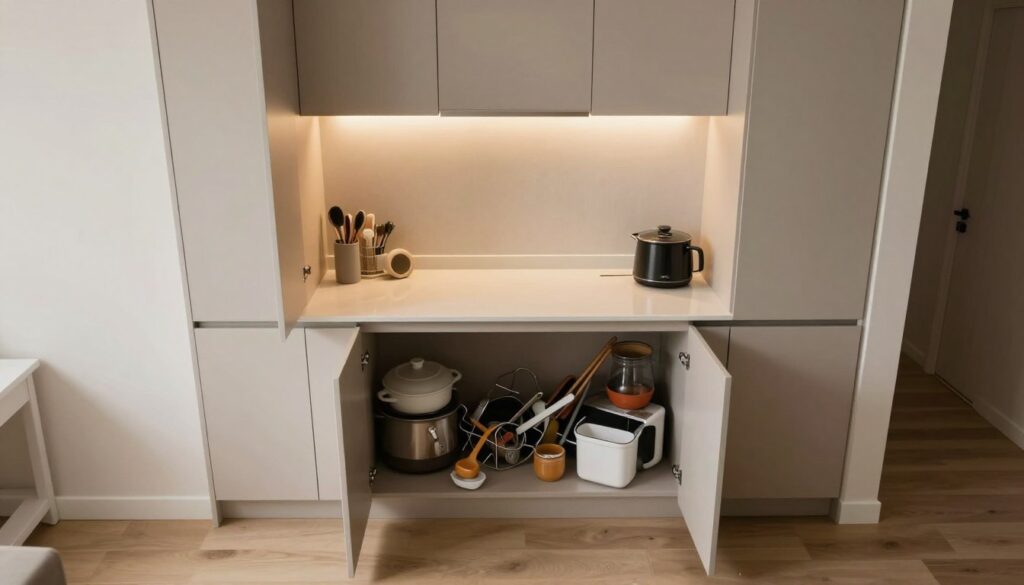 A modern kitchen design flaw depicted in a compact space, showcasing a hidden kitchen seamlessly integrated into cabinetry. In the foreground, open cabinet doors reveal cluttered kitchen tools and mismatched appliances, illustrating common design mistakes. The middle ground features a sleek countertop with a minimalist design, contrasting with the chaotic view within the cabinets. The background includes soft lighting casting warm tones, creating an inviting atmosphere yet revealing the lack of functional layout. The scene captures a sense of confusion and oversight in a small living area. High-angle perspective with a wide lens to emphasize the compactness and flawed utilization of space, aimed to resonate with readers reflecting on efficient design choices for hidden kitchens. A modern kitchen design flaw depicted in a compact space, showcasing a hidden kitchen seamlessly integrated into cabinetry. In the foreground, open cabinet doors reveal cluttered kitchen tools and mismatched appliances, illustrating common design mistakes. The middle ground features a sleek countertop with a minimalist design, contrasting with the chaotic view within the cabinets. The background includes soft lighting casting warm tones, creating an inviting atmosphere yet revealing the lack of functional layout. The scene captures a sense of confusion and oversight in a small living area. High-angle perspective with a wide lens to emphasize the compactness and flawed utilization of space, aimed to resonate with readers reflecting on efficient design choices for hidden kitchens.