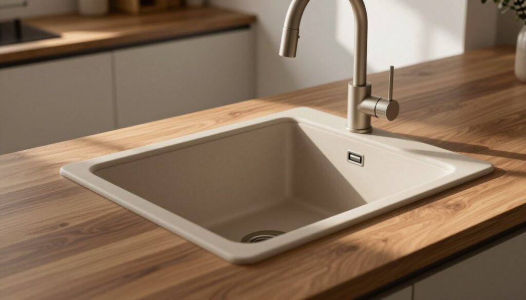 A modern kitchen featuring a wooden countertop and a stylish sink that complements its aesthetics. The foreground showcases a beautifully integrated sink in a warm, neutral color, harmonizing with the rich tones of the wooden surface. In the middle, focus on the seamless blend of the sink into the countertop, highlighting the textures and finishes. The background reveals soft, natural light streaming through a window, casting gentle shadows and enhancing the wood grain's vibrancy. The overall mood conveys a tranquil yet sophisticated atmosphere, perfect for a contemporary kitchen setting. The scene is viewed from a slightly elevated angle, ensuring a clear perspective of the color matching and design synergy between the sink and countertop, without any distractions like text or watermarks. A modern kitchen featuring a wooden countertop and a stylish sink that complements its aesthetics. The foreground showcases a beautifully integrated sink in a warm, neutral color, harmonizing with the rich tones of the wooden surface. In the middle, focus on the seamless blend of the sink into the countertop, highlighting the textures and finishes. The background reveals soft, natural light streaming through a window, casting gentle shadows and enhancing the wood grain's vibrancy. The overall mood conveys a tranquil yet sophisticated atmosphere, perfect for a contemporary kitchen setting. The scene is viewed from a slightly elevated angle, ensuring a clear perspective of the color matching and design synergy between the sink and countertop, without any distractions like text or watermarks.