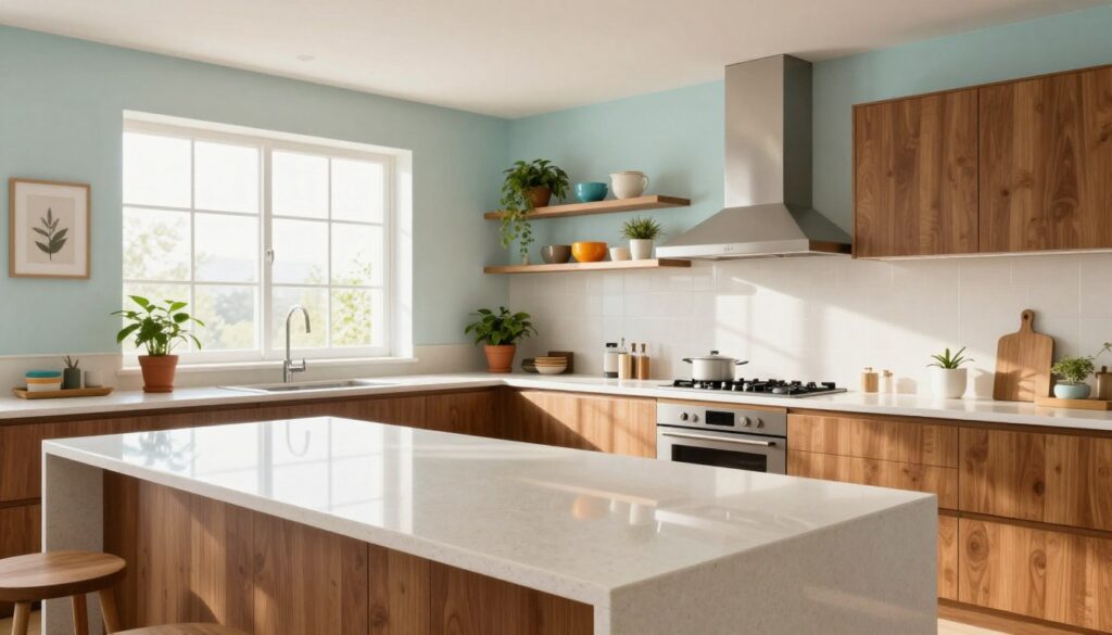 A modern kitchen interior designed to illustrate the impact of color on spatial perception. In the foreground, a sleek, light-colored countertop made of quartz reflecting ample daylight, paired with brown wooden cabinetry. The middle section showcases open shelves adorned with bright ceramics and potted plants, enhancing the airy feel. The background features large windows allowing sunlight to flood in, bouncing off soft pastel wall tones, such as pale blue and light cream. Use soft, diffused lighting to create a welcoming atmosphere. The camera angle is slightly elevated, offering a wide view of the entire space, emphasizing the optical illusion of increased spaciousness. The scene evokes a fresh, contemporary mood ideal for modern culinary environments. A modern kitchen interior designed to illustrate the impact of color on spatial perception. In the foreground, a sleek, light-colored countertop made of quartz reflecting ample daylight, paired with brown wooden cabinetry. The middle section showcases open shelves adorned with bright ceramics and potted plants, enhancing the airy feel. The background features large windows allowing sunlight to flood in, bouncing off soft pastel wall tones, such as pale blue and light cream. Use soft, diffused lighting to create a welcoming atmosphere. The camera angle is slightly elevated, offering a wide view of the entire space, emphasizing the optical illusion of increased spaciousness. The scene evokes a fresh, contemporary mood ideal for modern culinary environments.