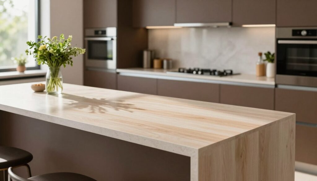 A modern kitchen interior featuring a stylish brown cabinetry arrangement, complemented by a bright, elegant countertop that contrasts nicely with the wood tones. The foreground captures a close-up of the countertop, showcasing its sleek finish and texture, while soft, natural light streams in from a nearby window, illuminating the surface. The middle ground reveals the well-organized kitchen layout, including high-end appliances and decorative items like a vase of fresh herbs. In the background, subtle hints of greenery can be seen outside, enhancing the fresh and inviting atmosphere. The overall mood is contemporary and uplifting, emphasizing the harmonious balance between functionality and aesthetics in kitchen design, captured from a slightly elevated angle for a comprehensive view. A modern kitchen interior featuring a stylish brown cabinetry arrangement, complemented by a bright, elegant countertop that contrasts nicely with the wood tones. The foreground captures a close-up of the countertop, showcasing its sleek finish and texture, while soft, natural light streams in from a nearby window, illuminating the surface. The middle ground reveals the well-organized kitchen layout, including high-end appliances and decorative items like a vase of fresh herbs. In the background, subtle hints of greenery can be seen outside, enhancing the fresh and inviting atmosphere. The overall mood is contemporary and uplifting, emphasizing the harmonious balance between functionality and aesthetics in kitchen design, captured from a slightly elevated angle for a comprehensive view.
