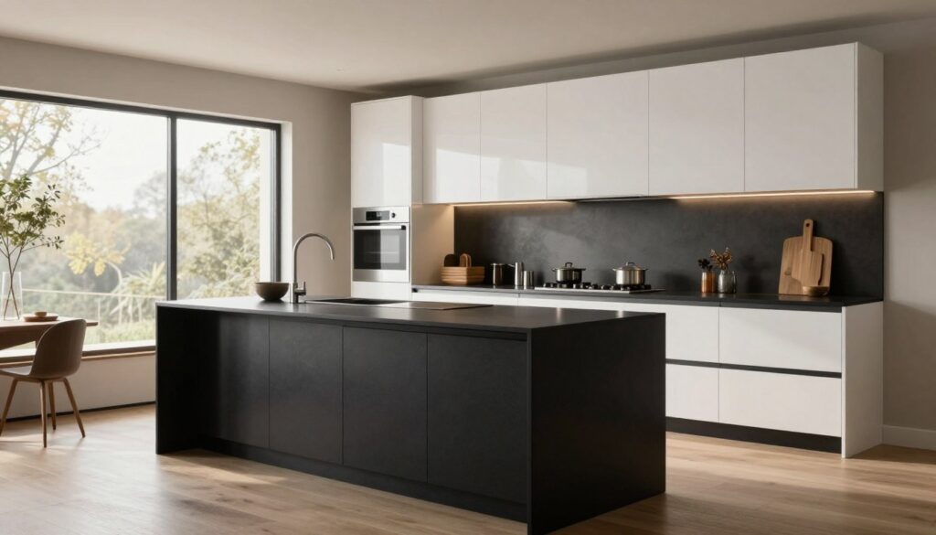 A modern kitchen interior showcasing a unique combination of matte and glossy surfaces in cabinetry. In the foreground, a sleek matte black kitchen island with an elegant texture contrasts with glossy white upper cabinets. The middle ground features stylish stainless steel appliances and decorative kitchenware. The background reveals a well-lit space with large windows, allowing natural light to illuminate the rich textures and colors, creating a warm and inviting atmosphere. The scene is captured with a wide-angle lens, emphasizing the layout and spatial harmony. The mood is contemporary and sophisticated, appealing to those seeking innovative kitchen design ideas.