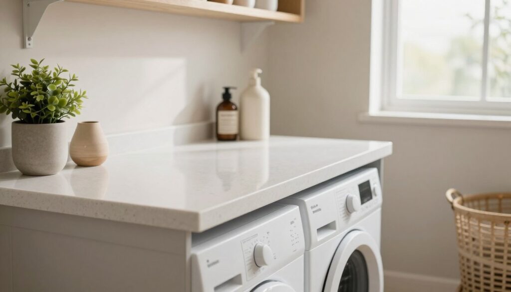 A modern laundry room featuring a sleek countertop installed above a washing machine. The foreground shows the smooth surface of the countertop made from durable materials like quartz or laminate, with a few neatly arranged decorative items like a plant and laundry basket. In the middle, a washing machine is partially visible, demonstrating practical space usage. The background includes light-colored walls adorned with practical shelves holding laundry supplies and an airy window that lets in natural light, creating a warm and inviting atmosphere. The lighting is soft and diffused, highlighting the countertop's texture, with a shallow depth of field to keep the focus on the countertop design. The overall mood is clean, organized, and aesthetically pleasing, ideal for a functional laundry space.