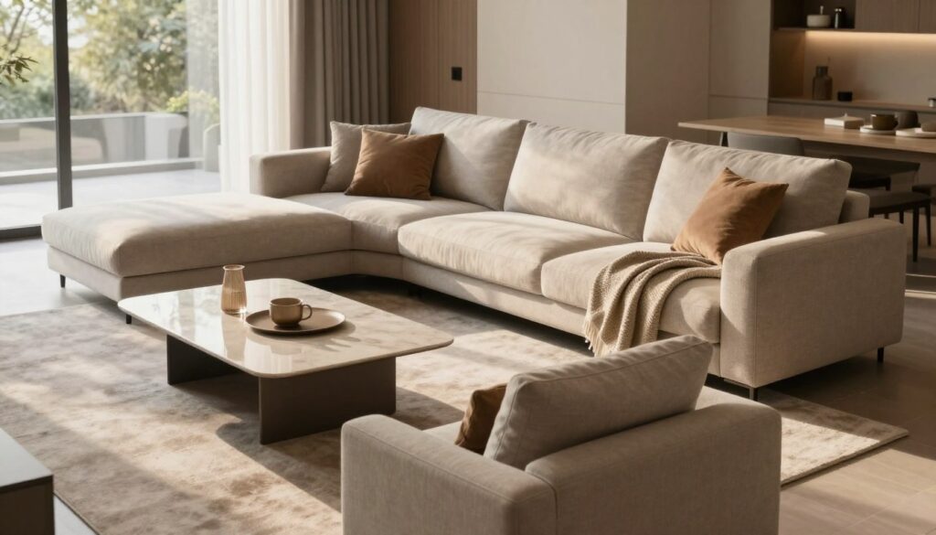 A modern living room featuring a stylish corner sofa, specifically the Lars model, designed for comfort and relaxation. In the foreground, a cozy arrangement includes plush cushions and a soft throw blanket draped over the armrest. In the middle, a well-structured coffee table is accented with a few decorative items, creating a welcoming atmosphere. The background showcases a beautifully lit space with large windows allowing natural sunlight to pour in, casting gentle shadows and enhancing the ergonomic design of the furniture. Use warm, inviting tones to reflect a serene mood, with a focus on how the sofa's dimensions promote a relaxing environment. The angle should give a clear view of both the sofa and the ergonomic arrangement of the room, highlighting spatial dimensions effectively. A modern living room featuring a stylish corner sofa, specifically the Lars model, designed for comfort and relaxation. In the foreground, a cozy arrangement includes plush cushions and a soft throw blanket draped over the armrest. In the middle, a well-structured coffee table is accented with a few decorative items, creating a welcoming atmosphere. The background showcases a beautifully lit space with large windows allowing natural sunlight to pour in, casting gentle shadows and enhancing the ergonomic design of the furniture. Use warm, inviting tones to reflect a serene mood, with a focus on how the sofa's dimensions promote a relaxing environment. The angle should give a clear view of both the sofa and the ergonomic arrangement of the room, highlighting spatial dimensions effectively.