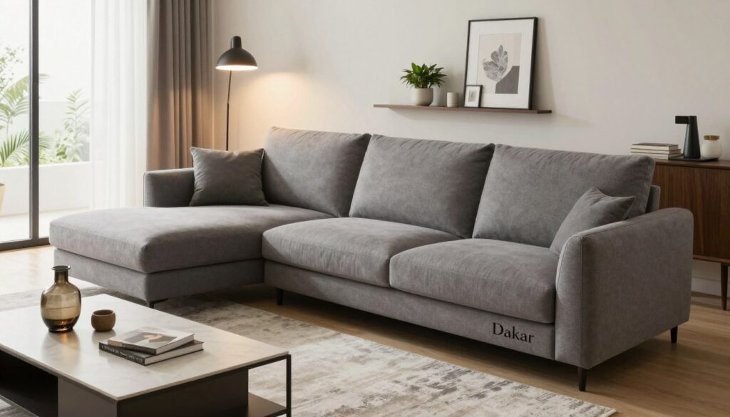 A modern living room featuring the "Dakar" corner sofa, showcasing its comfort and solid construction. In the foreground, the sectional sofa is upholstered in a stylish fabric, with plush cushions and a sleek design. A neatly arranged coffee table sits in front, adorned with a decorative vase and books. In the middle ground, a tasteful area rug complements the sofa, while warm ambient lighting from a nearby floor lamp creates an inviting atmosphere. The background features minimalist decor, including a wall-mounted shelf with plants and art pieces. The room is bright and airy, with large windows allowing soft natural light to filter in, enhancing the overall cozy vibe. The scene conveys a sense of modern elegance and practicality, perfect for a contemporary living space.
