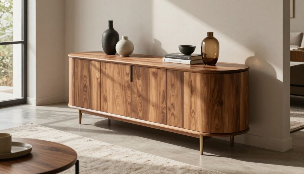 A modern living space featuring a beautifully designed rounded sideboard crafted from high-quality materials, reflecting soft lines and a safe, inviting form. In the foreground, the sideboard showcases elegant curves, warm wood tones, and sleek metal accents, complementing decorative objects like vases and books. The middle ground includes a plush rug and stylish seating, adding comfort and sophistication to the scene. The background consists of a softly lit room with neutral walls and large windows that allow natural light to stream in, casting gentle shadows. The atmosphere is warm and inviting, emphasizing an investment in quality furniture for long-term enjoyment. The angle is a slightly elevated viewpoint, capturing the harmonious layout of the space while maintaining a focus on the sideboard as a centerpiece. A modern living space featuring a beautifully designed rounded sideboard crafted from high-quality materials, reflecting soft lines and a safe, inviting form. In the foreground, the sideboard showcases elegant curves, warm wood tones, and sleek metal accents, complementing decorative objects like vases and books. The middle ground includes a plush rug and stylish seating, adding comfort and sophistication to the scene. The background consists of a softly lit room with neutral walls and large windows that allow natural light to stream in, casting gentle shadows. The atmosphere is warm and inviting, emphasizing an investment in quality furniture for long-term enjoyment. The angle is a slightly elevated viewpoint, capturing the harmonious layout of the space while maintaining a focus on the sideboard as a centerpiece.