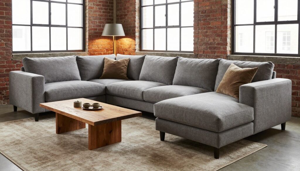 A modern loft corner sofa in an industrial-themed living room, showcasing a raw and rugged aesthetic. The foreground features a spacious, textured gray sofa with clean lines and plush cushions, accented by earthy-toned throw pillows. In the middle ground, a stylish coffee table made of reclaimed wood sits atop a large, soft area rug, while a muted floor lamp casts warm light over the scene. The background reveals exposed brick walls and large industrial windows allowing natural light to flood in, enhancing the cozy atmosphere. The overall mood is inviting, blending comfort with a contemporary urban edge, ideal for an industrial interior design.