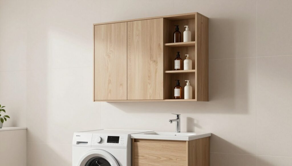 A modern, sleek laundry space featuring a top-loading washing machine on the left side, with a stylish wall-mounted bathroom cabinet positioned directly above it for optimal space utilization. The cabinet is elegantly designed with a minimalist aesthetic, showcasing open shelves filled with neatly organized bathroom essentials. Soft, diffuse lighting enhances the scene, illuminating the textures of the cabinet’s wood and the clean lines of the washing machine. The background consists of light-colored walls with subtle tile patterns, creating a serene atmosphere. The angle captures the stability of the cabinet above the washing machine, emphasizing its importance in maximizing storage while ensuring structural integrity. The overall mood is calm and functional, highlighting the balance between aesthetics and practicality in a small laundry area. A modern, sleek laundry space featuring a top-loading washing machine on the left side, with a stylish wall-mounted bathroom cabinet positioned directly above it for optimal space utilization. The cabinet is elegantly designed with a minimalist aesthetic, showcasing open shelves filled with neatly organized bathroom essentials. Soft, diffuse lighting enhances the scene, illuminating the textures of the cabinet’s wood and the clean lines of the washing machine. The background consists of light-colored walls with subtle tile patterns, creating a serene atmosphere. The angle captures the stability of the cabinet above the washing machine, emphasizing its importance in maximizing storage while ensuring structural integrity. The overall mood is calm and functional, highlighting the balance between aesthetics and practicality in a small laundry area.