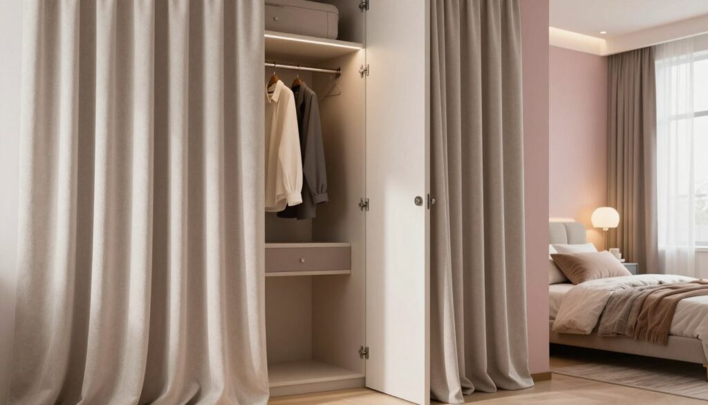 A modern, stylish bedroom featuring elegant curtains replacing traditional closet doors. In the foreground, soft fabric drapes gracefully, allowing glimpses of neatly organized clothing. The middle ground showcases a sleek, minimalistic wardrobe design, framed by pastel-colored walls that enhance the space's openness. In the background, a cozy bed with plush pillows and sophisticated lighting creates a warm, inviting atmosphere. Natural light filters through a window, providing a soft, diffused glow that highlights the textures of the curtains. The overall mood is one of elegance and tranquility, ideal for a small, contemporary bedroom design. A modern, stylish bedroom featuring elegant curtains replacing traditional closet doors. In the foreground, soft fabric drapes gracefully, allowing glimpses of neatly organized clothing. The middle ground showcases a sleek, minimalistic wardrobe design, framed by pastel-colored walls that enhance the space's openness. In the background, a cozy bed with plush pillows and sophisticated lighting creates a warm, inviting atmosphere. Natural light filters through a window, providing a soft, diffused glow that highlights the textures of the curtains. The overall mood is one of elegance and tranquility, ideal for a small, contemporary bedroom design.