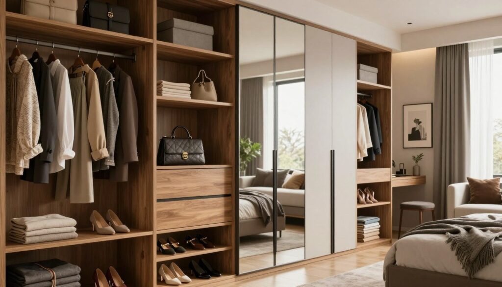 A modern, stylish bedroom wardrobe designed to maximize space efficiency, featuring a mix of open shelves and closed cabinets. In the foreground, neatly arranged clothing and accessories on sleek wooden shelves, with a shoe compartment showcasing stylish footwear. The middle features a tall wardrobe with mirrored sliding doors, reflecting natural light from a nearby window. The background shows a cozy, inviting atmosphere with warm lighting, soft textiles, and decorative elements like plants and framed art. The angle captures the depth of the room, emphasizing organizational techniques. The overall mood is elegant and serene, showcasing practical yet aesthetically pleasing storage solutions in a contemporary bedroom setting.
