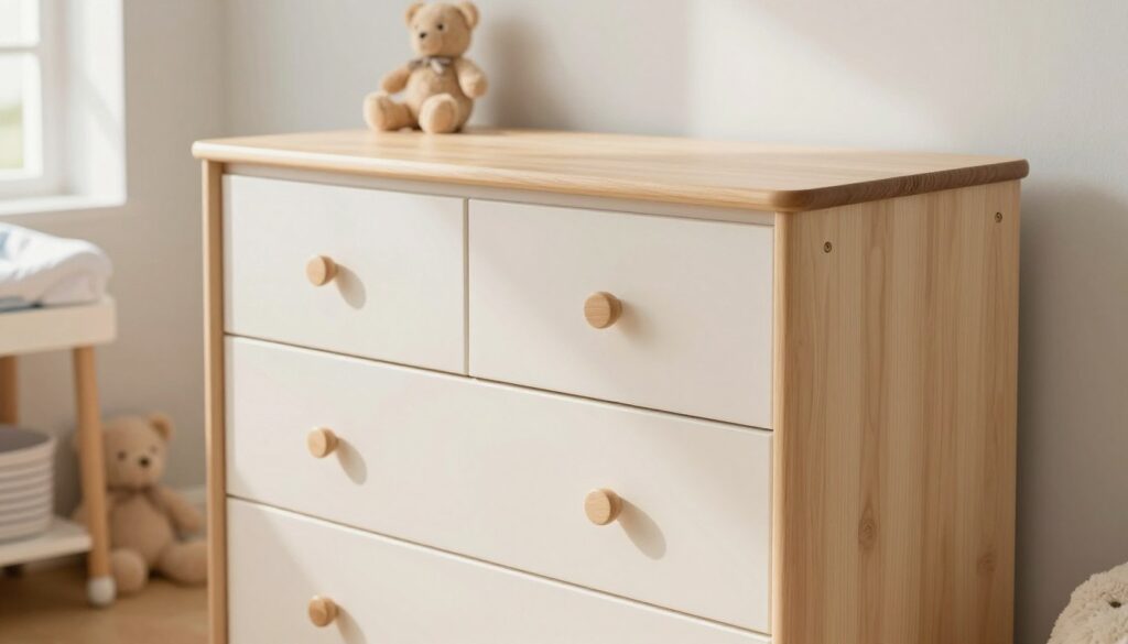 A modern, stylish dresser with multiple drawers designed for nursery use, featuring soft, rounded edges for safety. The dresser should be made of light-colored wood with a smooth finish, and have a simple, elegant design, suitable for baby rooms. The foreground focuses on the dresser, while the background includes a softly lit nursery setting with pastel colors and cozy textures, such as plush toys and a changing table. Natural light filters in through a nearby window, casting gentle shadows across the room, creating a calm and serene atmosphere. The overall mood should convey comfort and practicality for parents, emphasizing functionality and safety for everyday baby care. A modern, stylish dresser with multiple drawers designed for nursery use, featuring soft, rounded edges for safety. The dresser should be made of light-colored wood with a smooth finish, and have a simple, elegant design, suitable for baby rooms. The foreground focuses on the dresser, while the background includes a softly lit nursery setting with pastel colors and cozy textures, such as plush toys and a changing table. Natural light filters in through a nearby window, casting gentle shadows across the room, creating a calm and serene atmosphere. The overall mood should convey comfort and practicality for parents, emphasizing functionality and safety for everyday baby care.