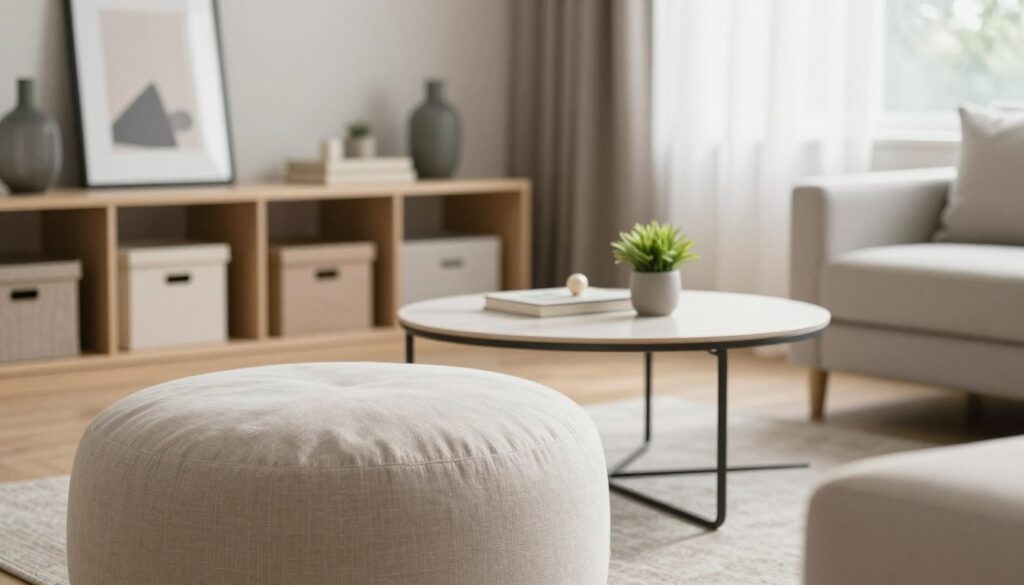 A modern, stylish living room featuring a cozy seating area with a pouf and a small coffee table. In the foreground, focus on the pouf, which is plush and inviting, upholstered in a soft, neutral fabric. The coffee table, with a minimalist design, displays a few decorative items like a small plant and a book, symbolizing relaxation. In the middle ground, include a well-organized shelving unit with decorative storage boxes and a few art pieces that reflect a contemporary aesthetic. The background showcases a bright window with sheer curtains that allow natural light to pour in, creating a warm and welcoming atmosphere. The overall mood is serene and professional, ideal for a discussion about furniture returns and exchanges, captured from a slightly elevated angle and soft focus to emphasize comfort.