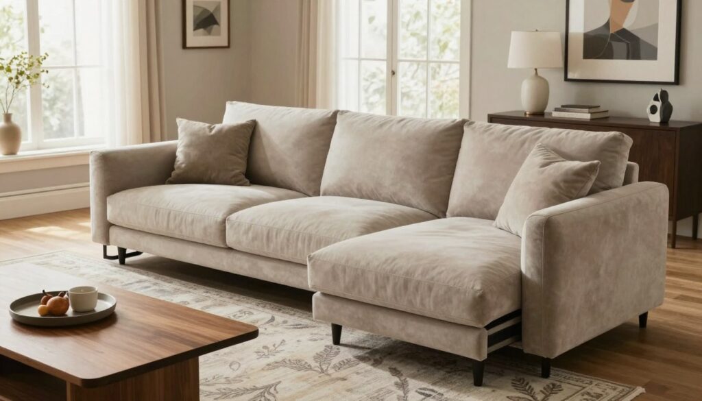 A modern, stylish living room featuring the Monte corner sofa, showcasing its multifunctional design. In the foreground, highlight the sofa with soft, durable upholstery and plush cushions, seamlessly integrating with a sleek wooden coffee table. The middle ground captures the space with elegant decor elements such as a patterned area rug, a tasteful lamp, and framed artwork. In the background, large windows flood the room with natural light, accentuating the neutral color palette and creating a warm, inviting atmosphere. The mood should be contemporary and relaxed, with a focus on comfort and usability. Use soft lighting for a cozy effect, and a slightly elevated angle to emphasize the layout and functionality of the corner sofa.