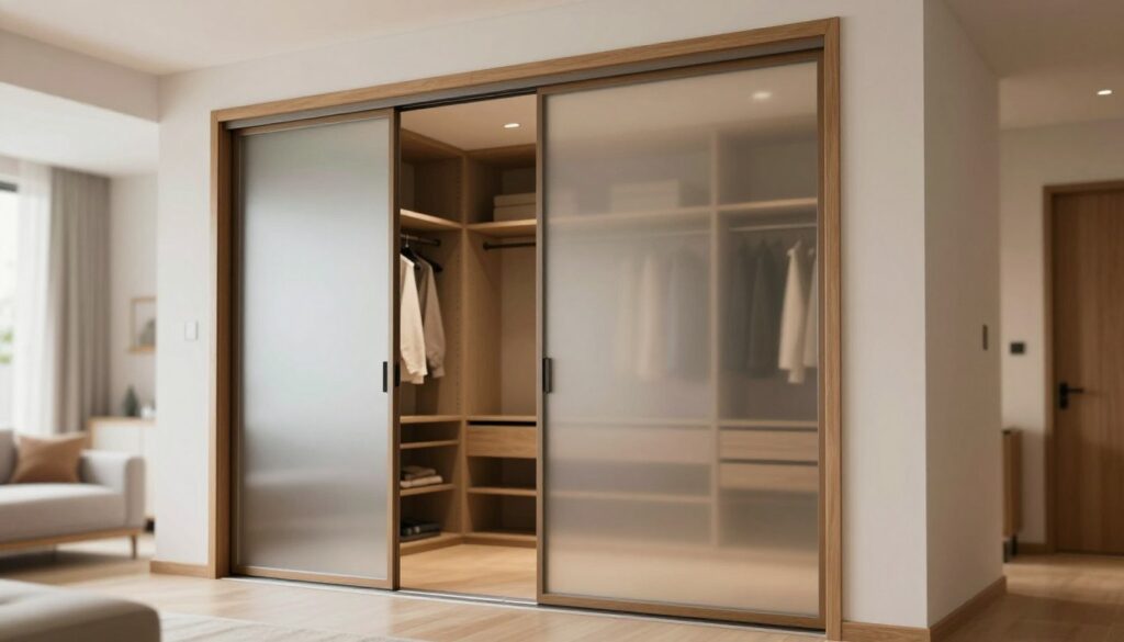 A modern, stylish sliding door system installed in a contemporary home setting. In the foreground, showcase sleek, frosted glass doors with elegant wooden frames. The middle ground features a well-finished closet with neatly organized shelves beside the sliding doors. The background includes a soft-focus view of a cozy living room with warm, inviting lighting and neutral wall colors. Capture the scene from a low angle to emphasize the height of the doors. Use natural light to create a serene and harmonious atmosphere, highlighting the seamless integration of the sliding doors into the overall decor. The mood should be minimalist yet sophisticated, appealing to homeowners considering closet installation. A modern, stylish sliding door system installed in a contemporary home setting. In the foreground, showcase sleek, frosted glass doors with elegant wooden frames. The middle ground features a well-finished closet with neatly organized shelves beside the sliding doors. The background includes a soft-focus view of a cozy living room with warm, inviting lighting and neutral wall colors. Capture the scene from a low angle to emphasize the height of the doors. Use natural light to create a serene and harmonious atmosphere, highlighting the seamless integration of the sliding doors into the overall decor. The mood should be minimalist yet sophisticated, appealing to homeowners considering closet installation.