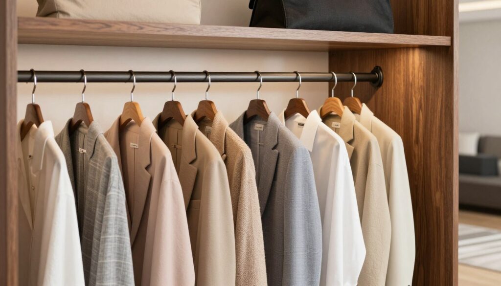 A modern wardrobe featuring a double rod system for efficient clothing storage, designed with two parallel rods positioned at different heights. In the foreground, neatly organized garments hang from the top and bottom rods, showcasing a variety of fashionable clothing in coordinating colors and materials. The middle area highlights the sleek lines of the wardrobe structure, made from polished wood, with soft lighting illuminating the interior details. In the background, a softly blurred room setting reveals neutral-toned walls and a chic floor, enhancing the wardrobe’s presence. The overall mood is practical yet stylish, suggesting an inviting atmosphere for organizing clothing effectively.