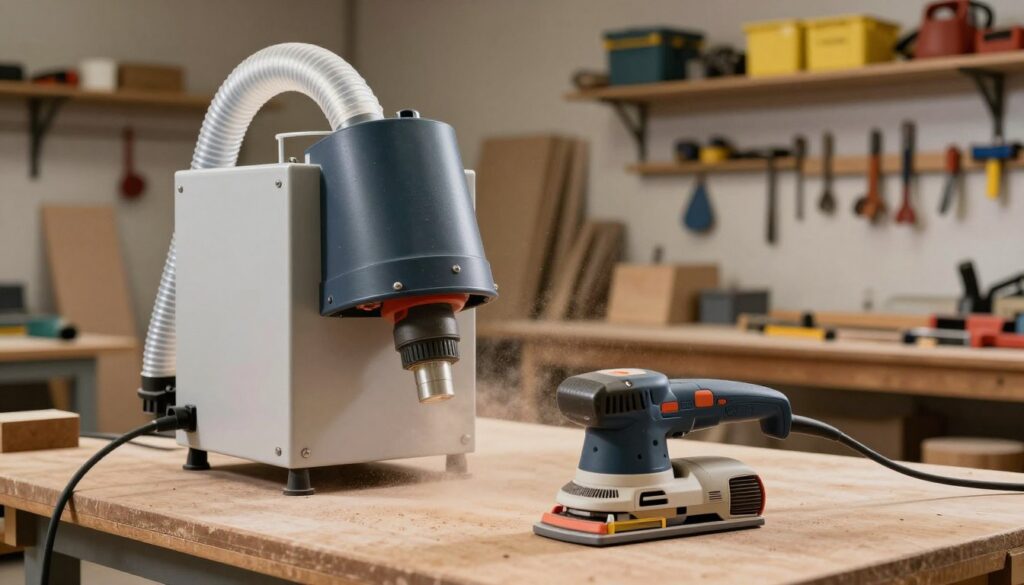 A modern workshop scene showcasing an industrial dust extraction system in action. In the foreground, a sleek, professional-grade sander is positioned on a wooden workbench, with fine dust particles gently swirling in the air. The middle ground features an advanced dust extraction unit, with clear pipes connecting to the sander, effectively sucking in dust. The background reveals shelves filled with woodworking tools and safety equipment, with warm, ambient lighting creating a focused yet inviting atmosphere. The setting is organized and tidy, emphasizing safety and efficiency. The overall mood is one of professionalism and dedication to quality craftsmanship, illustrating the importance of dust management in woodworking.