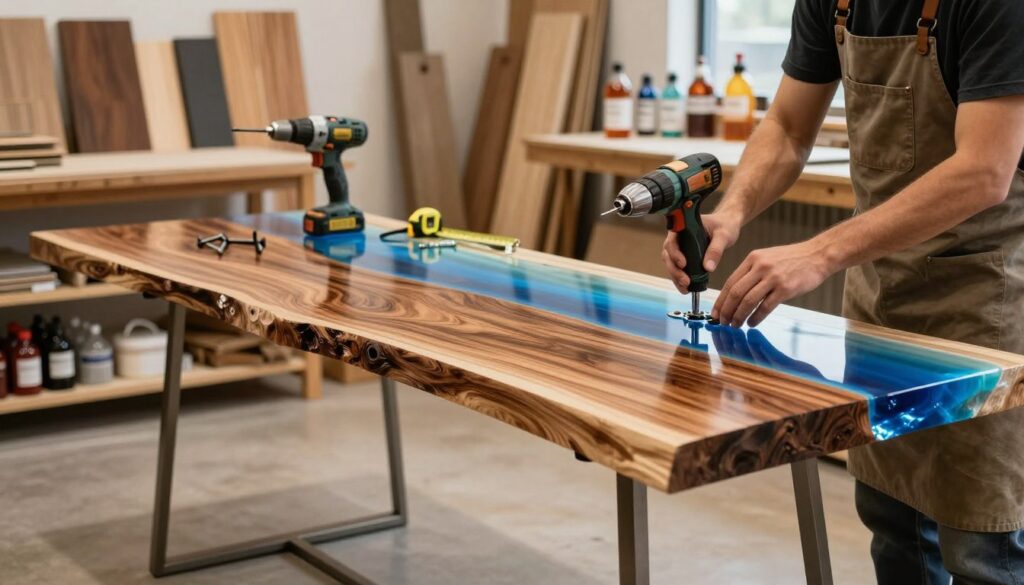 A modern workspace showcasing the assembly of stylish, metal legs onto a stunning, epoxy resin table. In the foreground, a craftsman wearing a work apron focuses on securing the legs to the smooth, live-edge wooden surface enhanced by translucent blue epoxy. The middle layer features detailed tools such as a drill, screws, and a measuring tape, indicating a hands-on building process. The background is softly blurred, showing a well-lit workshop with wood samples and resin materials neatly organized on shelves. The lighting is warm and inviting, highlighting the rich textures of the wood and the gloss of the resin while creating a professional yet creative atmosphere. The composition captures the essence of craftsmanship and design. A modern workspace showcasing the assembly of stylish, metal legs onto a stunning, epoxy resin table. In the foreground, a craftsman wearing a work apron focuses on securing the legs to the smooth, live-edge wooden surface enhanced by translucent blue epoxy. The middle layer features detailed tools such as a drill, screws, and a measuring tape, indicating a hands-on building process. The background is softly blurred, showing a well-lit workshop with wood samples and resin materials neatly organized on shelves. The lighting is warm and inviting, highlighting the rich textures of the wood and the gloss of the resin while creating a professional yet creative atmosphere. The composition captures the essence of craftsmanship and design.