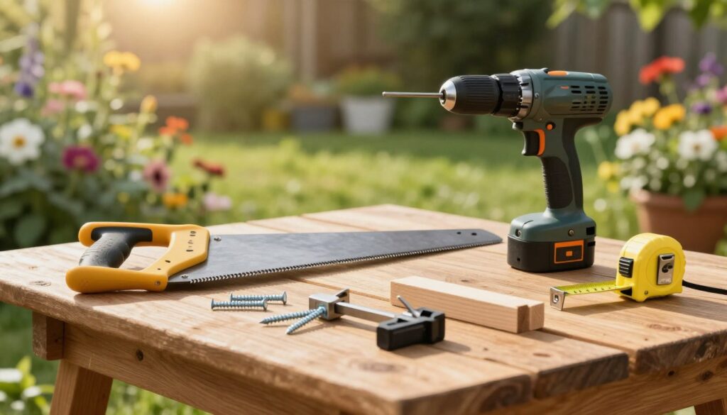 A neatly arranged selection of tools for building a wooden garden table, showcasing a hand saw, drill, measuring tape, wood clamps, and screws, displayed on a rustic workbench. In the foreground, the tools should be in sharp focus, emphasizing their textures and details, while the background features a blurred view of a sunlit garden, with soft green foliage and colorful flowers adding a vibrant atmosphere. The lighting is warm and inviting, suggesting a late afternoon setting, while the overall mood conveys creativity and craftsmanship. The image should have a shallow depth of field to highlight the tools, without any text or branding elements.