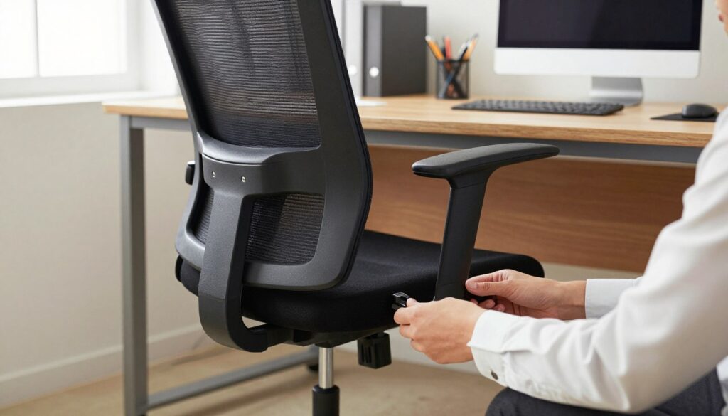 A neatly organized workspace featuring a modern office chair being adjusted in height next to a sleek wooden desk. In the foreground, a close-up of a person's hands, dressed in professional attire, is shown turning a height adjustment mechanism on the chair with focused intent. The middle ground showcases the chair with a visible height change, highlighting the ergonomic design and sturdy build. In the background, there are subtle elements of an office environment, such as a computer, stationery, and soft natural light streaming through a nearby window, creating a calm and productive atmosphere. The overall mood is one of professionalism and practicality, emphasizing safety and effectiveness in adjusting office furniture.