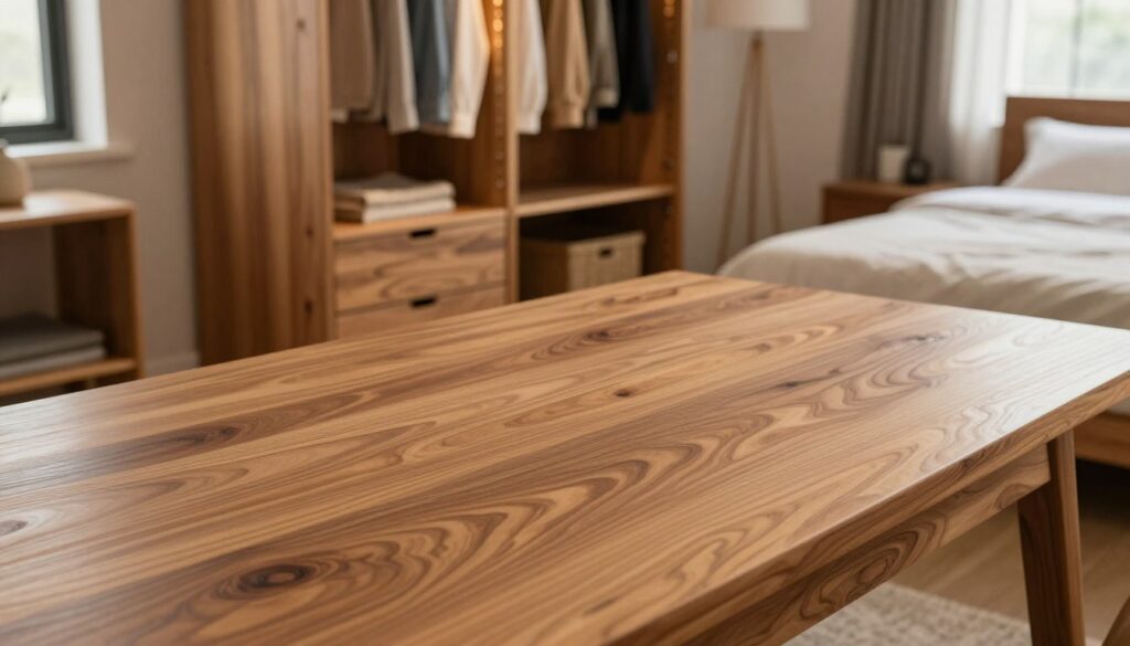 A polished piece of solid wood furniture, showcasing its durability and natural beauty, occupies the foreground. The surface gleams softly, highlighting the intricate grain patterns that tell stories of years gone by. In the middle ground, a rustic sliding wardrobe stands open, revealing neatly arranged clothes, accentuated by warm, ambient lighting that casts soft shadows. The background features a cozy, inviting bedroom setting, with natural light filtering through a window, illuminating the room and creating a harmonious atmosphere. The overall mood is one of warmth and timelessness, emphasizing the strength and longevity of solid wood in home decor. The image should be captured from a slightly elevated angle to enhance depth and perspective. A polished piece of solid wood furniture, showcasing its durability and natural beauty, occupies the foreground. The surface gleams softly, highlighting the intricate grain patterns that tell stories of years gone by. In the middle ground, a rustic sliding wardrobe stands open, revealing neatly arranged clothes, accentuated by warm, ambient lighting that casts soft shadows. The background features a cozy, inviting bedroom setting, with natural light filtering through a window, illuminating the room and creating a harmonious atmosphere. The overall mood is one of warmth and timelessness, emphasizing the strength and longevity of solid wood in home decor. The image should be captured from a slightly elevated angle to enhance depth and perspective.