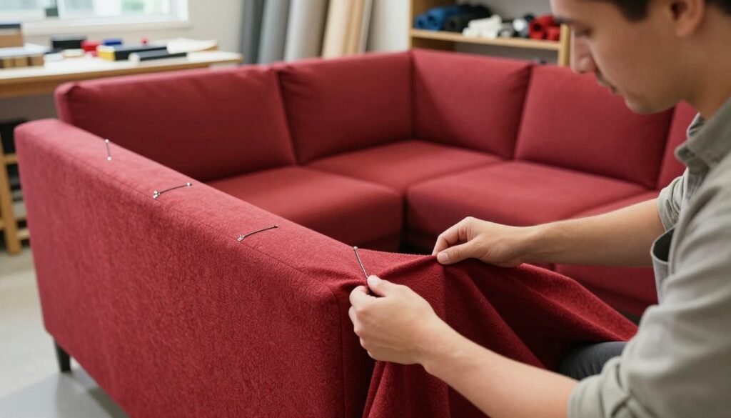 A professional and skilled person, wearing a modest casual outfit, is demonstrating fabric stretching techniques on a newly upholstered corner sofa in a well-lit workshop. In the foreground, focus on their hands skillfully pulling the vibrant upholstery fabric, showcasing the precise tension being applied. The middle ground reveals the corner sofa partially covered with rich, textured fabric, highlighting the various methods of securing the material, like tacks and tools specifically designed for upholstery. In the background, soft light illuminates shelves stocked with upholstery supplies creating a warm and inviting atmosphere. The scene captures a sense of craftsmanship and dedication to detail, emphasizing the transformation of the sofa’s appearance through effective fabric stretching and securing methods. A professional and skilled person, wearing a modest casual outfit, is demonstrating fabric stretching techniques on a newly upholstered corner sofa in a well-lit workshop. In the foreground, focus on their hands skillfully pulling the vibrant upholstery fabric, showcasing the precise tension being applied. The middle ground reveals the corner sofa partially covered with rich, textured fabric, highlighting the various methods of securing the material, like tacks and tools specifically designed for upholstery. In the background, soft light illuminates shelves stocked with upholstery supplies creating a warm and inviting atmosphere. The scene captures a sense of craftsmanship and dedication to detail, emphasizing the transformation of the sofa’s appearance through effective fabric stretching and securing methods.