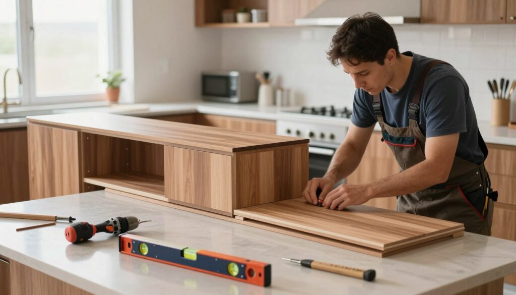 A professional carpenter in a modern kitchen setting, intently assembling wooden panels into a stylish line of furniture, such as cabinets and countertops. In the foreground, tools like a level and a drill are neatly arranged on a workbench, reflecting an organized workspace. The middle ground features the partially assembled cabinetry, showcasing rich wood textures and elegant design. In the background, bright natural light streams through a window, illuminating the glistening surfaces of the kitchen. The atmosphere is calm and focused, emphasizing precision and craftsmanship. The image should convey a sense of practicality and expertise, focusing on the techniques of panel installation without any clutter or distractions.