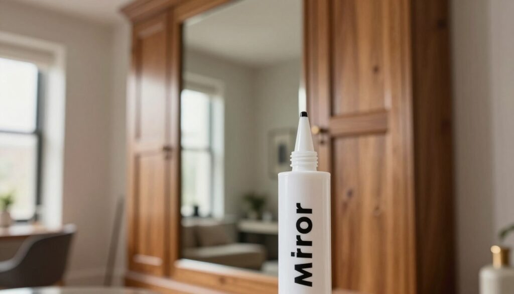 A professional-grade adhesive tube labeled "mirror adhesive" positioned prominently in the foreground. The adhesive's nozzle is slightly open, with a small amount of glue visible, showcasing its texture. In the middle ground, there’s a sturdy wooden wardrobe door with an elegant, large mirror attached, reflecting soft ambient light that enhances its shine. The background features a blurred, modern interior showcasing a well-decorated room, giving an impression of style and functionality. Natural light filters in through a nearby window, casting gentle shadows and creating a warm, inviting mood. The angle is slightly above eye level, allowing a clear view of the adhesive and the mirror, symbolizing the importance of durable adhesion in a stylish setup.