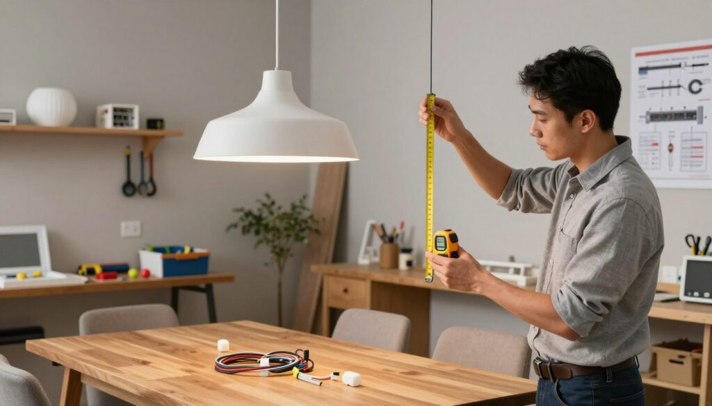 A professional workspace featuring a detailed assembly setup for mounting a light fixture above a dining table. In the foreground, a hands-on technician in business casual attire is carefully measuring the optimal height for a pendant lamp, using a digital measuring tape and a reference chart. The middle layer showcases a beautifully crafted wooden dining table with a stylish pendant lamp suspended above, connected to neatly organized electrical wires. The background includes a well-equipped workshop with tools, light fixtures, and instructional posters about safe electrical installations. Soft, diffused lighting creates a warm, inviting atmosphere, highlighting the technical aspects of the installation process. The angle captures both the technician's focused expression and the assembly details, emphasizing the importance of correct height and safe wiring practices.