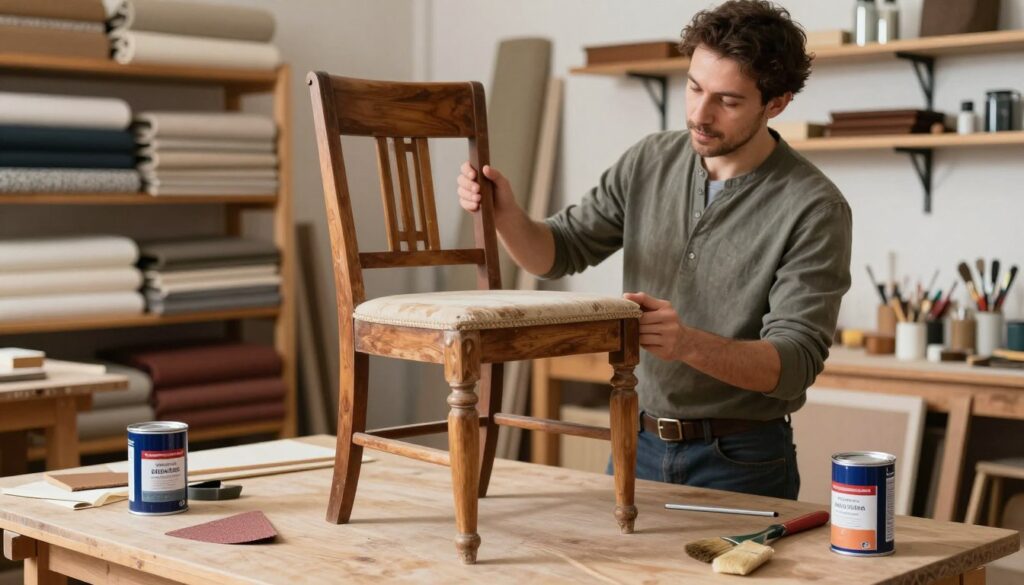 A professional workspace focused on furniture restoration, showcasing a well-lit workshop environment. In the foreground, an antique wooden chair partially stripped of its old finish, with tools like sandpaper, brushes, and varnish cans surrounding it. In the middle ground, a craftsman in modest casual clothing examining the chair, evaluating its structure and condition. In the background, shelves lined with different upholstery fabrics and wood types, hinting at various restoration options. Warm, natural lighting illuminates the scene, highlighting the textures of the wood and tools, creating a cozy, inviting atmosphere. The overall mood is industrious yet creative, reflecting the factors that influence furniture restoration costs. A professional workspace focused on furniture restoration, showcasing a well-lit workshop environment. In the foreground, an antique wooden chair partially stripped of its old finish, with tools like sandpaper, brushes, and varnish cans surrounding it. In the middle ground, a craftsman in modest casual clothing examining the chair, evaluating its structure and condition. In the background, shelves lined with different upholstery fabrics and wood types, hinting at various restoration options. Warm, natural lighting illuminates the scene, highlighting the textures of the wood and tools, creating a cozy, inviting atmosphere. The overall mood is industrious yet creative, reflecting the factors that influence furniture restoration costs.