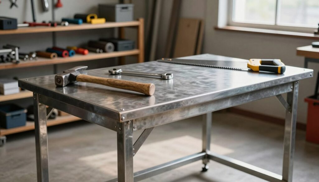 A robust metal workshop table, featuring a sleek, industrial design with ample surface area, surrounded by essential tools for heavy-duty tasks. In the foreground, tools like a heavy hammer, wrenches, and a saw are artistically placed atop the table, showcasing their functionality. The middle ground reveals the sturdy structure of the table, highlighting its metallic texture and durability with a shiny finish and visible welds. In the background, a well-organized garage setting with shelves filled with additional tools and materials adds depth. Soft, natural lighting filters through a nearby window, casting gentle shadows that enhance the atmosphere of a busy workshop. The scene evokes a sense of productivity and professionalism, perfect for a DIY setting.