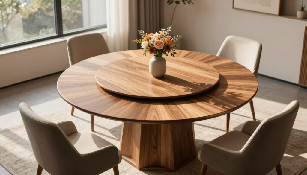 A round dining table set in a modern, airy dining room, featuring an elegant wood finish that highlights its natural grain. The table is surrounded by four stylish, comfortable chairs with cushions, positioned to allow ample space for easy movement. In the background, large windows allow soft, warm sunlight to filter in, casting gentle shadows across the room, enhancing the inviting atmosphere. A tasteful centerpiece—a floral arrangement in a minimalist vase—sits at the center of the table, adding a touch of color. The scene conveys a sense of flexibility and practicality, illustrating the concept of expandable furniture. A slight angle from above allows for a comprehensive view of the table and seating arrangement, showcasing the space needed for diners to comfortably sit and stand. A round dining table set in a modern, airy dining room, featuring an elegant wood finish that highlights its natural grain. The table is surrounded by four stylish, comfortable chairs with cushions, positioned to allow ample space for easy movement. In the background, large windows allow soft, warm sunlight to filter in, casting gentle shadows across the room, enhancing the inviting atmosphere. A tasteful centerpiece—a floral arrangement in a minimalist vase—sits at the center of the table, adding a touch of color. The scene conveys a sense of flexibility and practicality, illustrating the concept of expandable furniture. A slight angle from above allows for a comprehensive view of the table and seating arrangement, showcasing the space needed for diners to comfortably sit and stand.