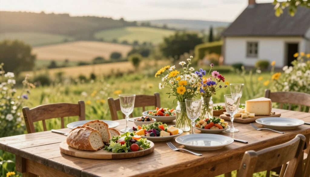 A rustic wooden dining table elegantly set for a countryside gathering in a sunlit garden. In the foreground, a beautifully arranged spread of traditional dishes, such as hearty bread, colorful salads, and a cheese platter adorned with fresh herbs. The middle ground features cheerful wildflowers in simple glass jars, adding a touch of natural beauty and warmth. In the background, gentle rolling hills and a hint of a cozy farmhouse, bathed in warm, golden hour lighting. The scene should evoke a joyful, inviting mood, perfect for a casual yet thoughtful dining experience. Use a soft-focus lens to create a warm, dreamy effect, capturing the essence of simple, heartfelt gatherings. A rustic wooden dining table elegantly set for a countryside gathering in a sunlit garden. In the foreground, a beautifully arranged spread of traditional dishes, such as hearty bread, colorful salads, and a cheese platter adorned with fresh herbs. The middle ground features cheerful wildflowers in simple glass jars, adding a touch of natural beauty and warmth. In the background, gentle rolling hills and a hint of a cozy farmhouse, bathed in warm, golden hour lighting. The scene should evoke a joyful, inviting mood, perfect for a casual yet thoughtful dining experience. Use a soft-focus lens to create a warm, dreamy effect, capturing the essence of simple, heartfelt gatherings.