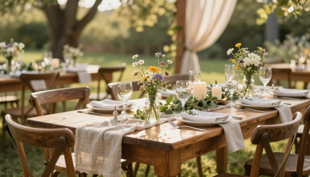 A rustic wooden table, elegantly set for a wedding celebration, adorned with natural elements. In the foreground, delicate wildflowers in glass jars, soft linen tablecloth, and artisanal tableware create an inviting atmosphere. The middle ground features charming wooden chairs and carefully arranged place settings with greenery and candles. The background reveals a sunny outdoor setting with trees and hints of soft drapery, providing a serene and romantic ambiance. The scene is illuminated by warm, golden sunlight, suggesting a cheerful summer day. Use a wide-angle lens to capture the inviting details of the table and surrounding nature, conveying a sense of warmth and togetherness. A rustic wooden table, elegantly set for a wedding celebration, adorned with natural elements. In the foreground, delicate wildflowers in glass jars, soft linen tablecloth, and artisanal tableware create an inviting atmosphere. The middle ground features charming wooden chairs and carefully arranged place settings with greenery and candles. The background reveals a sunny outdoor setting with trees and hints of soft drapery, providing a serene and romantic ambiance. The scene is illuminated by warm, golden sunlight, suggesting a cheerful summer day. Use a wide-angle lens to capture the inviting details of the table and surrounding nature, conveying a sense of warmth and togetherness.