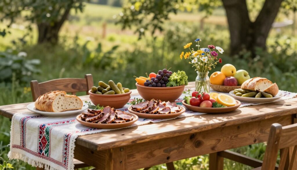 A rustic wooden table set outdoors, featuring a variety of traditional Polish delicacies like sliced cured meats, fresh bread, pickled vegetables, and colorful fruits. In the foreground, a beautifully crafted wooden tabletop is adorned with a handwoven tablecloth. In the middle ground, an assortment of ceramic dishes and wooden platters are filled with fresh produce, surrounded by wildflowers and herbs. The background showcases a lush green farm setting with soft sunlight filtering through the trees, casting dappled shadows on the table. The scene is inviting and warm, evoking a sense of community and the joy of sharing homemade meals. Captured with a soft-focus lens and natural light to enhance the earthy tones and textures. A rustic wooden table set outdoors, featuring a variety of traditional Polish delicacies like sliced cured meats, fresh bread, pickled vegetables, and colorful fruits. In the foreground, a beautifully crafted wooden tabletop is adorned with a handwoven tablecloth. In the middle ground, an assortment of ceramic dishes and wooden platters are filled with fresh produce, surrounded by wildflowers and herbs. The background showcases a lush green farm setting with soft sunlight filtering through the trees, casting dappled shadows on the table. The scene is inviting and warm, evoking a sense of community and the joy of sharing homemade meals. Captured with a soft-focus lens and natural light to enhance the earthy tones and textures.