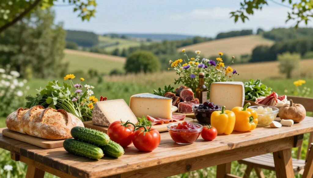 A rustic wooden table set outdoors on a sunny day, filled with an abundant variety of fresh, colorful produce and traditional rural dishes. In the foreground, vibrant red tomatoes, green cucumbers, and yellow bell peppers are artfully arranged alongside loafs of fresh bread and bowls of homemade preserves. The middle ground showcases a quaint display of cheeses, cured meats, and locally sourced herbs, all surrounded by beautiful wildflowers. The background features a serene landscape with rolling hills and lush greenery, under a bright blue sky. Soft natural light enhances the inviting atmosphere, creating a warm and welcoming mood. Capture this idyllic scene with a slightly elevated angle to emphasize the spread and evoke a sense of abundance and simplicity. A rustic wooden table set outdoors on a sunny day, filled with an abundant variety of fresh, colorful produce and traditional rural dishes. In the foreground, vibrant red tomatoes, green cucumbers, and yellow bell peppers are artfully arranged alongside loafs of fresh bread and bowls of homemade preserves. The middle ground showcases a quaint display of cheeses, cured meats, and locally sourced herbs, all surrounded by beautiful wildflowers. The background features a serene landscape with rolling hills and lush greenery, under a bright blue sky. Soft natural light enhances the inviting atmosphere, creating a warm and welcoming mood. Capture this idyllic scene with a slightly elevated angle to emphasize the spread and evoke a sense of abundance and simplicity.