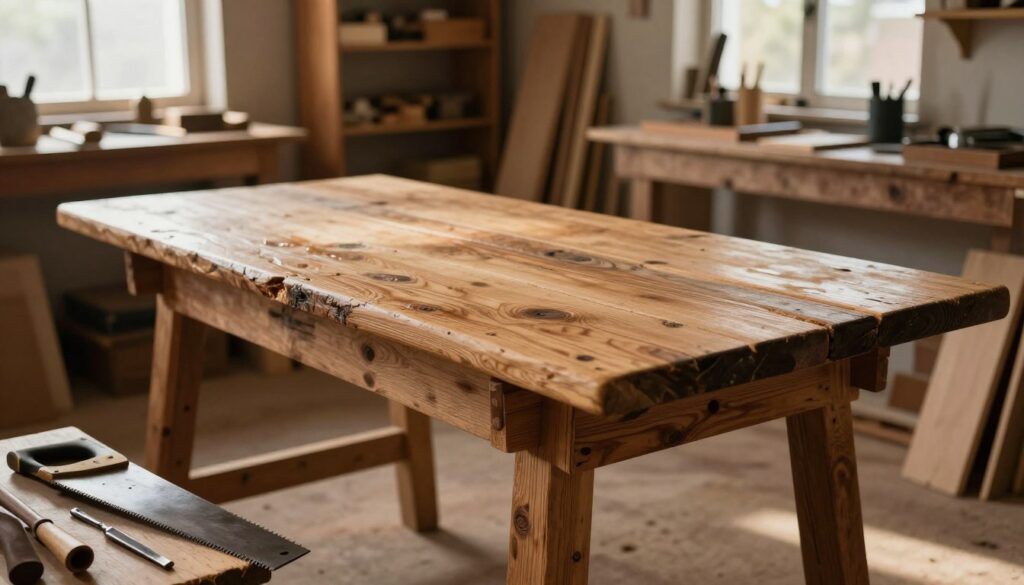 A rustic workshop scene featuring a handcrafted wooden table made from reclaimed, weathered planks that display knots and grain patterns, emphasizing the beauty of aged wood. In the foreground, tools like a hand saw and chisels are arranged neatly, hinting at the craftsmanship involved. The middle ground shows the table in progress, with partially assembled legs and a surface that gleams with natural oils. In the background, shelves filled with woodworking supplies and a window allowing soft, warm sunlight to filter through, casting gentle highlights and shadows. The atmosphere is cozy and inviting, evoking a sense of nostalgia and appreciation for traditional craftsmanship. The focus is sharp on the table, with a soft bokeh effect in the background, giving it a professional and polished look. A rustic workshop scene featuring a handcrafted wooden table made from reclaimed, weathered planks that display knots and grain patterns, emphasizing the beauty of aged wood. In the foreground, tools like a hand saw and chisels are arranged neatly, hinting at the craftsmanship involved. The middle ground shows the table in progress, with partially assembled legs and a surface that gleams with natural oils. In the background, shelves filled with woodworking supplies and a window allowing soft, warm sunlight to filter through, casting gentle highlights and shadows. The atmosphere is cozy and inviting, evoking a sense of nostalgia and appreciation for traditional craftsmanship. The focus is sharp on the table, with a soft bokeh effect in the background, giving it a professional and polished look.