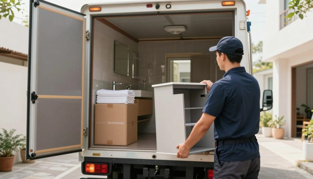 A secure delivery scene featuring a modern bathroom cabinet being carefully unloaded from a delivery truck. In the foreground, a skilled delivery person, dressed in professional work attire, is lifting a stylish, slim bathroom cabinet, showcasing its sleek design and storage features. In the middle ground, the delivery truck is parked with the back doors open, revealing neatly stacked items for efficient delivery. The background consists of a cozy, well-lit small bathroom with minimalistic decor, enhancing the focus on the cabinet. Soft daylight filters through the window, creating an inviting and warm atmosphere. The angle is slightly low to emphasize the cabinet's importance while maintaining clarity in the setting. The overall mood conveys professionalism, reliability, and a commitment to safe delivery practices. A secure delivery scene featuring a modern bathroom cabinet being carefully unloaded from a delivery truck. In the foreground, a skilled delivery person, dressed in professional work attire, is lifting a stylish, slim bathroom cabinet, showcasing its sleek design and storage features. In the middle ground, the delivery truck is parked with the back doors open, revealing neatly stacked items for efficient delivery. The background consists of a cozy, well-lit small bathroom with minimalistic decor, enhancing the focus on the cabinet. Soft daylight filters through the window, creating an inviting and warm atmosphere. The angle is slightly low to emphasize the cabinet's importance while maintaining clarity in the setting. The overall mood conveys professionalism, reliability, and a commitment to safe delivery practices.