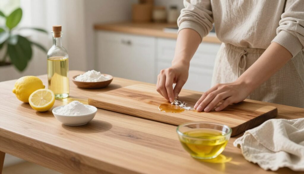 A serene and inviting scene showcasing various homemade natural remedies for removing stains from wooden furniture. In the foreground, an elegant wooden table displays an array of ingredients such as lemon slices, vinegar bottles, baking soda, and a small bowl of olive oil, artfully arranged with a soft, gauzy cloth. In the middle ground, a pair of hands, dressed in modest casual clothing, gently applies a natural solution to a visibly stained wooden surface, surrounded by light reflecting off the wood grain. The background features a cozy, well-lit kitchen with house plants, creating a warm and domestic atmosphere. Soft, natural lighting enhances the colors, making the scene feel welcoming and resourceful, inviting readers to explore natural cleaning methods.