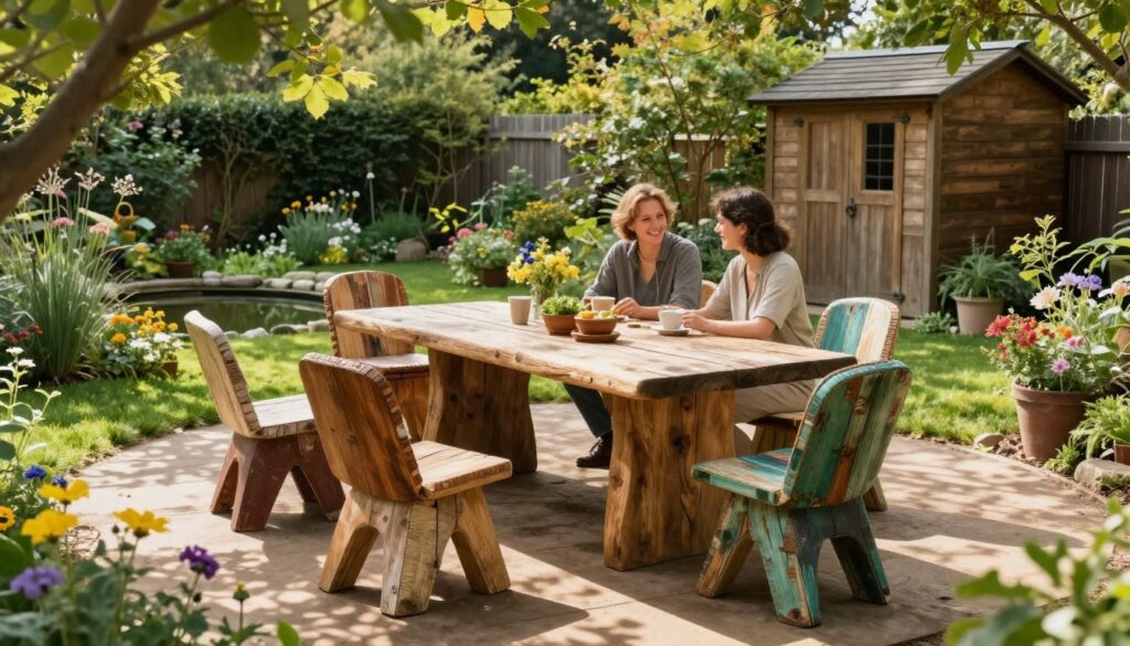 A serene garden scene featuring alternative outdoor furniture designs, including a rustic wooden table constructed from large timber planks, surrounded by creatively designed chairs made from recycled materials. In the foreground, vibrant flowers and greenery enhance the setting, while sunlight filters through leafy trees, casting dappled shadows on the ground, creating a warm and inviting atmosphere. The middle layer showcases the furniture in use, with two people dressed in casual, modest clothing enjoying refreshments together, smiling and relaxing. In the background, a wooden garden shed and other natural elements, like a small pond, complete the tranquil outdoor setting. The lighting is soft and natural, evoking a peaceful afternoon vibe, captured from a slightly elevated angle to provide a comprehensive view of the setup. A serene garden scene featuring alternative outdoor furniture designs, including a rustic wooden table constructed from large timber planks, surrounded by creatively designed chairs made from recycled materials. In the foreground, vibrant flowers and greenery enhance the setting, while sunlight filters through leafy trees, casting dappled shadows on the ground, creating a warm and inviting atmosphere. The middle layer showcases the furniture in use, with two people dressed in casual, modest clothing enjoying refreshments together, smiling and relaxing. In the background, a wooden garden shed and other natural elements, like a small pond, complete the tranquil outdoor setting. The lighting is soft and natural, evoking a peaceful afternoon vibe, captured from a slightly elevated angle to provide a comprehensive view of the setup.