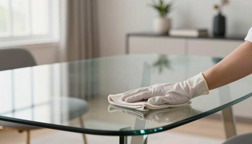 A serene image of a polished glass table in a well-lit, elegant workspace. In the foreground, a pair of hands, wearing professional gloves, gently rub a soft cloth across the glass surface, reflecting careful attention to detail. The middle ground features a shiny, scratch-free glass table, showcasing its smooth texture and reflective qualities. In the background, a softly blurred contemporary room with minimalistic decor and natural light filtering through large windows creates a calming atmosphere. The focus is on the act of polishing, emphasizing the skill involved and the transformation of the glass surface. The overall mood is professional and focused, highlighting the importance of proper care for glass furniture. A serene image of a polished glass table in a well-lit, elegant workspace. In the foreground, a pair of hands, wearing professional gloves, gently rub a soft cloth across the glass surface, reflecting careful attention to detail. The middle ground features a shiny, scratch-free glass table, showcasing its smooth texture and reflective qualities. In the background, a softly blurred contemporary room with minimalistic decor and natural light filtering through large windows creates a calming atmosphere. The focus is on the act of polishing, emphasizing the skill involved and the transformation of the glass surface. The overall mood is professional and focused, highlighting the importance of proper care for glass furniture.