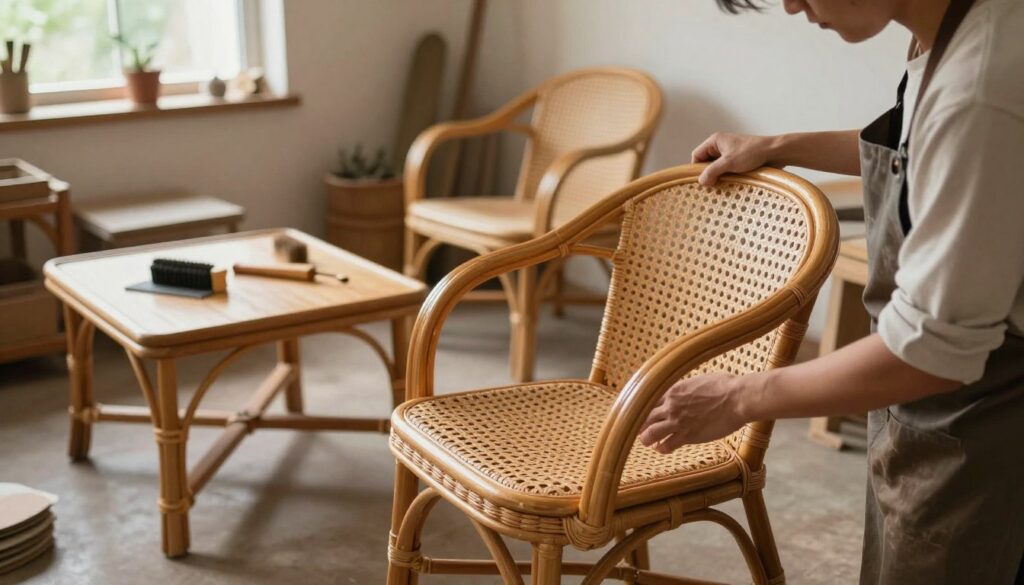 A serene indoor setting showcasing the care of rattan furniture. In the foreground, a skilled artisan wearing a plain shirt and apron is gently applying a refreshing coating to a beautifully crafted rattan chair, highlighting the texture and intricate weaving. The middle ground features a variety of rattan pieces, including a table and a lounge chair, all in various stages of restoration, with tools like sandpaper and brushes scattered around. The background reveals a cozy, well-lit workshop with soft, natural lighting filtering through a window, casting gentle shadows. The atmosphere conveys a sense of tranquility and craftsmanship, emphasizing the importance of refreshing and maintaining the aesthetic appeal of these timeless pieces.