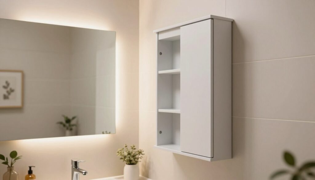 A sleek and modern bathroom cabinet installation in a small, stylish restroom setting. In the foreground, showcase a narrow bathroom cabinet with elegant finishes, emphasizing its practical design for tight spaces. The middle ground features a well-lit, minimalist bathroom wall with an inviting mirror and subtle decorative elements like plants or framed art, highlighting the convenience of the cabinet’s installation. In the background, soft, neutral-colored tiles create a clean, airy atmosphere, enhancing the image's bright ambiance. The lighting is warm and inviting, simulating natural daylight, capturing the essence of comfort and functionality. Use a wide-angle lens to emphasize the spatial dynamics, creating a sense of openness despite the compact size. The mood reflects tranquility and modern aesthetics, perfect for small bathrooms. A sleek and modern bathroom cabinet installation in a small, stylish restroom setting. In the foreground, showcase a narrow bathroom cabinet with elegant finishes, emphasizing its practical design for tight spaces. The middle ground features a well-lit, minimalist bathroom wall with an inviting mirror and subtle decorative elements like plants or framed art, highlighting the convenience of the cabinet’s installation. In the background, soft, neutral-colored tiles create a clean, airy atmosphere, enhancing the image's bright ambiance. The lighting is warm and inviting, simulating natural daylight, capturing the essence of comfort and functionality. Use a wide-angle lens to emphasize the spatial dynamics, creating a sense of openness despite the compact size. The mood reflects tranquility and modern aesthetics, perfect for small bathrooms.