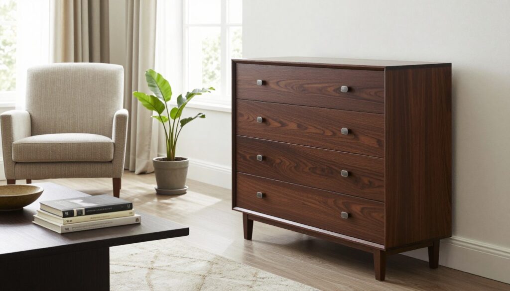 A sleek, modern wenge chest of drawers is placed in a small, stylish living space designed to maximize functionality. In the foreground, the chest features elegant handles and a rich dark finish that adds warmth to the room. In the middle, a cozy armchair and a small potted plant create a harmonious seating area, while a compact coffee table sits nearby, showcasing a neatly arranged stack of books and a decorative bowl. The background reveals bright, airy windows adorned with soft, flowing curtains, providing natural light that enhances the depth of the furnishings. The overall mood is sophisticated yet inviting, reflecting an optimal use of space in a chic urban apartment. The composition is shot from a slightly elevated angle, ensuring all elements are clearly visible and aesthetically balanced. A sleek, modern wenge chest of drawers is placed in a small, stylish living space designed to maximize functionality. In the foreground, the chest features elegant handles and a rich dark finish that adds warmth to the room. In the middle, a cozy armchair and a small potted plant create a harmonious seating area, while a compact coffee table sits nearby, showcasing a neatly arranged stack of books and a decorative bowl. The background reveals bright, airy windows adorned with soft, flowing curtains, providing natural light that enhances the depth of the furnishings. The overall mood is sophisticated yet inviting, reflecting an optimal use of space in a chic urban apartment. The composition is shot from a slightly elevated angle, ensuring all elements are clearly visible and aesthetically balanced.