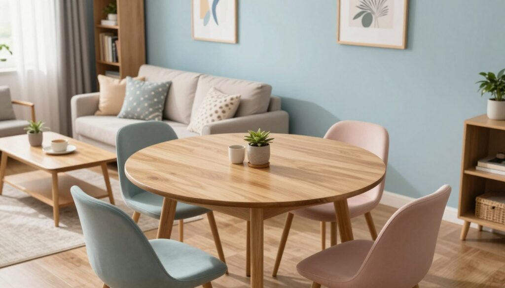 A small, cozy living room with a well-arranged dining table that promotes comfort and communication. In the foreground, a stylish, round wooden table surrounded by four compact chairs, all in soft pastel colors. In the middle, a comfortable sofa with decorative cushions, positioned adjacent to the table, enhancing the inviting atmosphere. The background features a soothing light-blue wall adorned with tasteful art, a discreet bookshelf filled with books, and a small potted plant for a touch of greenery. Soft, natural light filters through sheer curtains, casting gentle shadows. The room has a warm, welcoming mood, perfect for intimate gatherings and conversations, photographed from a slightly elevated angle to capture the layout effectively.