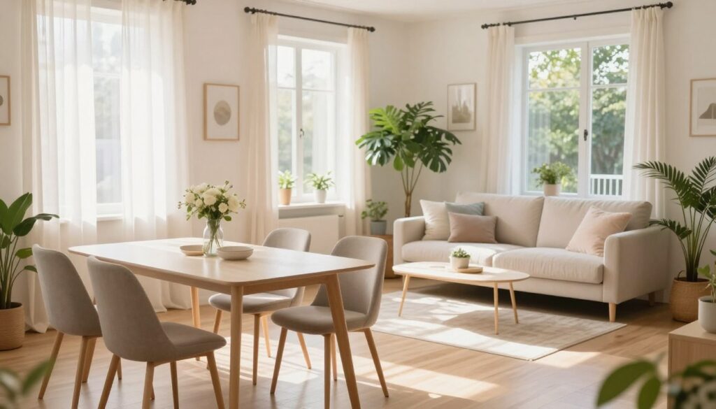 A small, elegantly furnished living room that maximizes natural light through large windows. In the foreground, a simple, stylish dining table is set for two, accompanied by comfortable, modern chairs, arranged to create a sense of intimacy without overcrowding the space. The middle ground features a cozy seating area with a plush sofa, adorned with soft cushions, positioned near the windows to highlight the potential of natural light. In the background, bright green plants are placed in corners and near the windows, enhancing the inviting atmosphere. The soft, warm light filters through sheer curtains, casting gentle shadows and creating a serene and airy mood. Use a bright and inviting color palette with soft pastels to convey a sense of spaciousness and comfort. The perspective should be slightly elevated, offering a wide view of the room’s layout and design features. A small, elegantly furnished living room that maximizes natural light through large windows. In the foreground, a simple, stylish dining table is set for two, accompanied by comfortable, modern chairs, arranged to create a sense of intimacy without overcrowding the space. The middle ground features a cozy seating area with a plush sofa, adorned with soft cushions, positioned near the windows to highlight the potential of natural light. In the background, bright green plants are placed in corners and near the windows, enhancing the inviting atmosphere. The soft, warm light filters through sheer curtains, casting gentle shadows and creating a serene and airy mood. Use a bright and inviting color palette with soft pastels to convey a sense of spaciousness and comfort. The perspective should be slightly elevated, offering a wide view of the room’s layout and design features.
