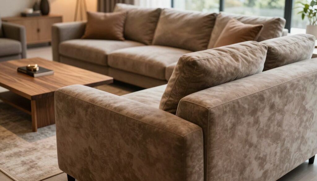 A solid construction of a contemporary sofa, showcasing its robust framework and high-quality materials. The sofa is upholstered in a luxurious fabric, featuring a mix of earth tones that evoke warmth and comfort. In the foreground, focus on the intricate stitching and the plush cushions that invite relaxation. The middle ground includes a stylish coffee table made from natural wood, adding a touch of elegance. The background reflects a cozy living space with soft ambient lighting, creating a serene atmosphere. A high-angle view captures the sofa's design prominently, enhanced by natural light filtering through large windows. The overall mood is inviting and sophisticated, emphasizing durability and comfort.