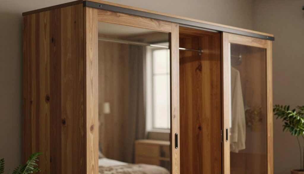 A sophisticated interior scene featuring a rustic sliding wardrobe with mirrored doors reflecting ambient light. In the foreground, the wardrobe stands elegantly against a warm wooden backdrop, showcasing rich textures and natural wood grains. The middle ground reveals soft, diffused lighting highlighting the reflective surfaces, creating an illusion of spaciousness. A cozy, inviting atmosphere is enhanced by warm tones, suggesting a tranquil space suitable for an organized wardrobe. In the background, hints of tasteful decor, such as potted greenery and muted wall colors, complement the scene. Use a slightly elevated angle to capture the depth and reflections in the mirrors, evoking a sense of warmth and functionality in a modern rustic setting. A sophisticated interior scene featuring a rustic sliding wardrobe with mirrored doors reflecting ambient light. In the foreground, the wardrobe stands elegantly against a warm wooden backdrop, showcasing rich textures and natural wood grains. The middle ground reveals soft, diffused lighting highlighting the reflective surfaces, creating an illusion of spaciousness. A cozy, inviting atmosphere is enhanced by warm tones, suggesting a tranquil space suitable for an organized wardrobe. In the background, hints of tasteful decor, such as potted greenery and muted wall colors, complement the scene. Use a slightly elevated angle to capture the depth and reflections in the mirrors, evoking a sense of warmth and functionality in a modern rustic setting.