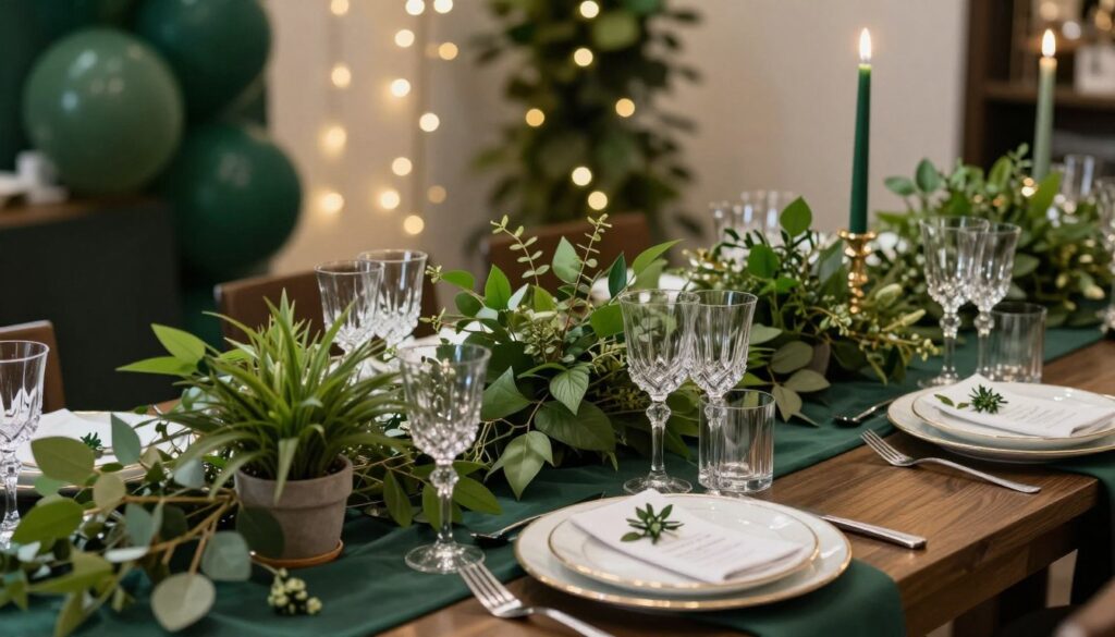 A sophisticated table setting for a stylish 50th birthday celebration, emphasizing the deep, rich hue of "butelkowa zieleń" (bottle green) throughout the design. In the foreground, an elegantly arranged dining table adorned with fine china, crystal glassware, and lush green foliage, including small potted plants and leafy centerpieces. The middle ground features an exquisite table runner in a complementary color, adding depth. The background reveals a softly lit ambiance with sparkling fairy lights, casting a warm, inviting glow. The scene exudes a sense of elegance and celebration, with a focus on harmony in color and texture. Use natural lighting to enhance the richness of the green tones, taken from a slightly elevated angle to capture the full table arrangement. A sophisticated table setting for a stylish 50th birthday celebration, emphasizing the deep, rich hue of "butelkowa zieleń" (bottle green) throughout the design. In the foreground, an elegantly arranged dining table adorned with fine china, crystal glassware, and lush green foliage, including small potted plants and leafy centerpieces. The middle ground features an exquisite table runner in a complementary color, adding depth. The background reveals a softly lit ambiance with sparkling fairy lights, casting a warm, inviting glow. The scene exudes a sense of elegance and celebration, with a focus on harmony in color and texture. Use natural lighting to enhance the richness of the green tones, taken from a slightly elevated angle to capture the full table arrangement.