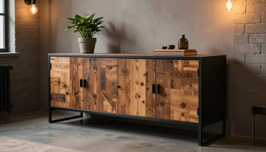 A spacious interior features a stunning industrial-style komoda, crafted from rugged reclaimed wood and sleek black metal. The komoda showcases a blend of raw textures, with visible wood grains and sharp metallic edges, accentuating its sturdy construction. In the foreground, warm ambient light illuminates the piece, creating inviting shadows that highlight its unique features. The middle section of the image includes subtle decor elements, like a potted plant and stylish accessories, adding character while maintaining functionality. The background reveals a minimalistic room with exposed brick walls and vintage industrial lighting, enhancing the raw aesthetic. The overall mood is warm and contemporary, reflecting a balance of style and practicality, perfect for modern living spaces. A spacious interior features a stunning industrial-style komoda, crafted from rugged reclaimed wood and sleek black metal. The komoda showcases a blend of raw textures, with visible wood grains and sharp metallic edges, accentuating its sturdy construction. In the foreground, warm ambient light illuminates the piece, creating inviting shadows that highlight its unique features. The middle section of the image includes subtle decor elements, like a potted plant and stylish accessories, adding character while maintaining functionality. The background reveals a minimalistic room with exposed brick walls and vintage industrial lighting, enhancing the raw aesthetic. The overall mood is warm and contemporary, reflecting a balance of style and practicality, perfect for modern living spaces.